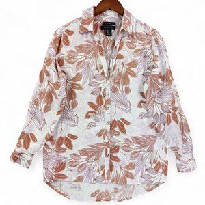 Tahari Shirt Womens Small Linen Button Up Long Sleeve Floral Leaf Top Blouse